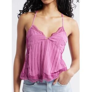 Free People Y2K Eye Candy Pink Sheer Lace Trim Tie Back Babydoll Cami Top Small